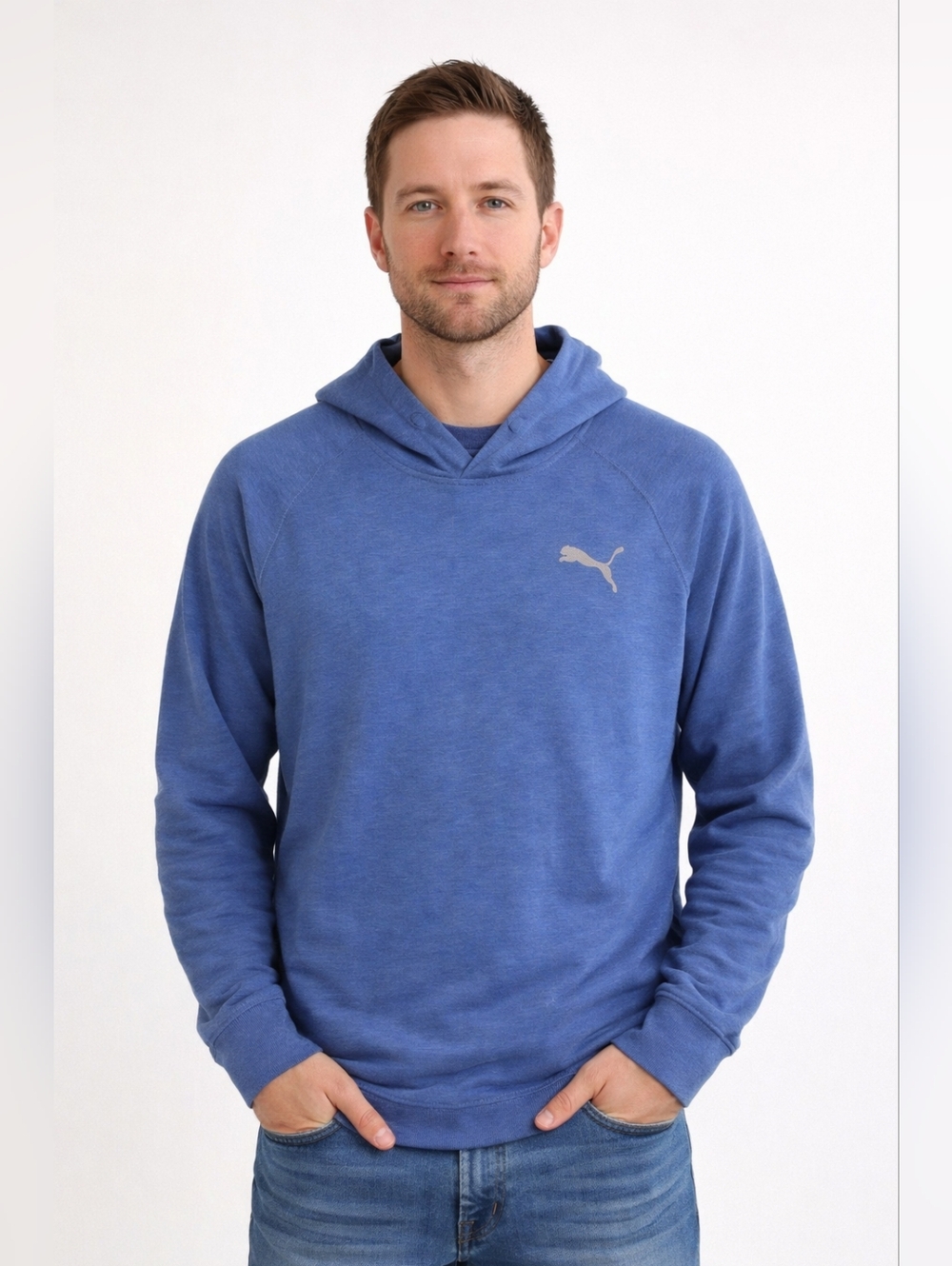 Puma Blue Hoodie Cotton Pullover Sweatshirt Silver Logo Size L Casual Unisex